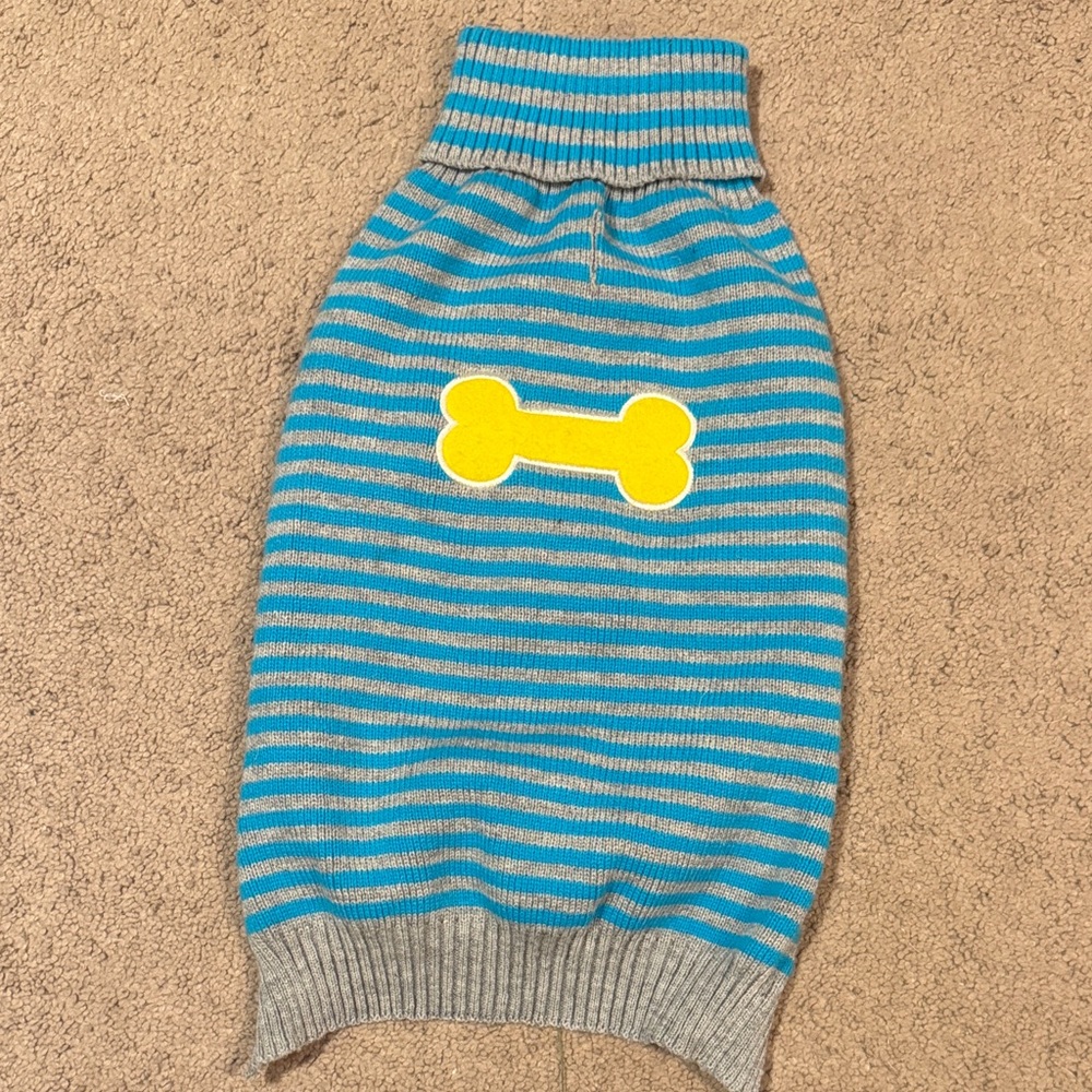 Striped Blue and Gray Dog Sweater with Yellow Bone